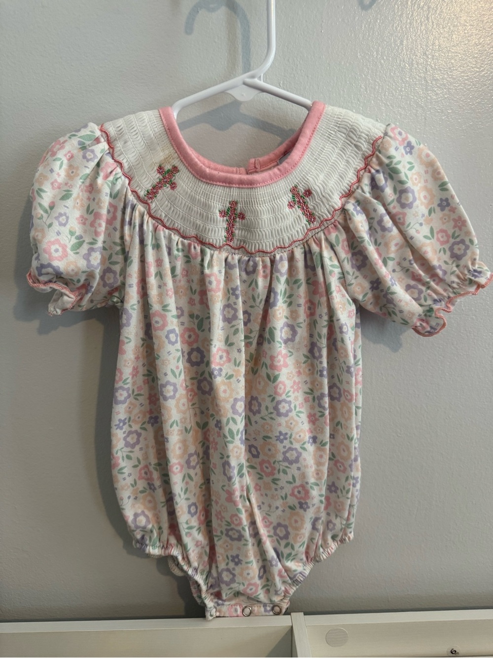 Smocked Floral Bubble Romper in Pastel Pink and Lavender